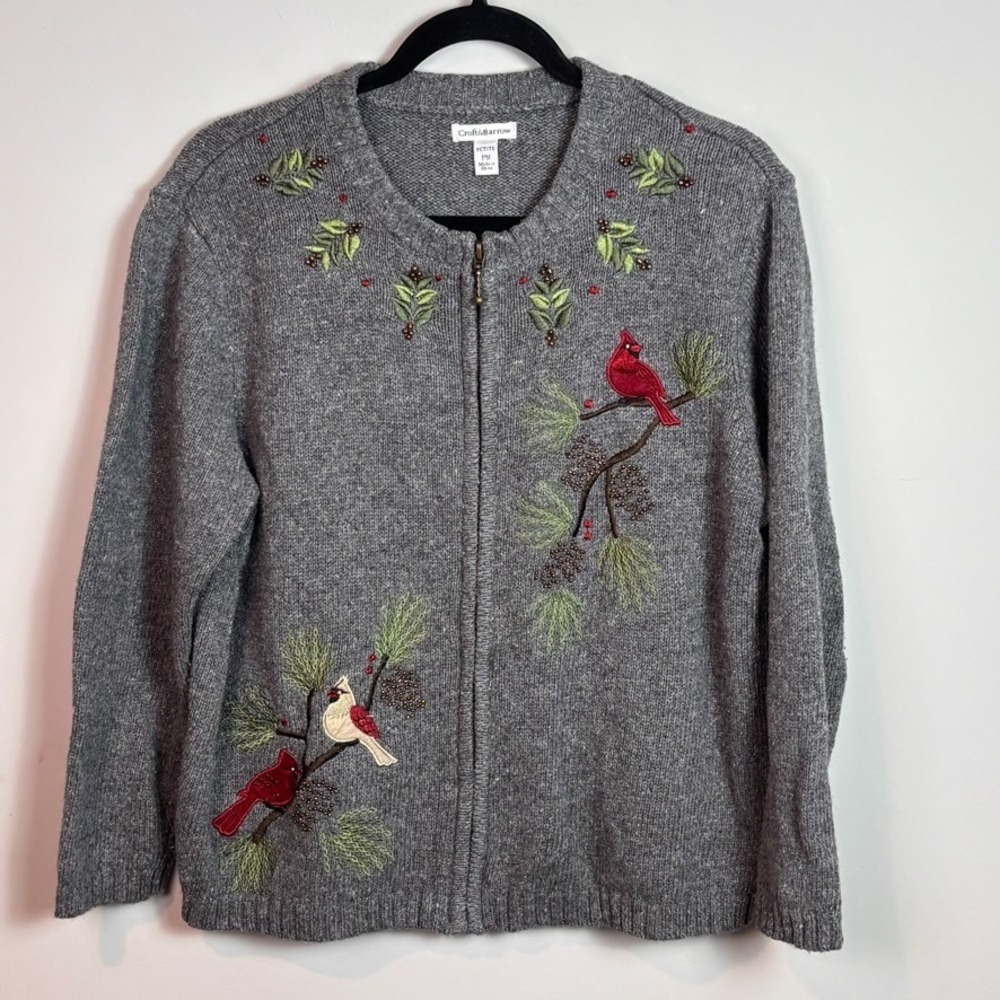 Croft & Barrow Womens Silk Blend Grey Winter embroidered theme full zip Petite M